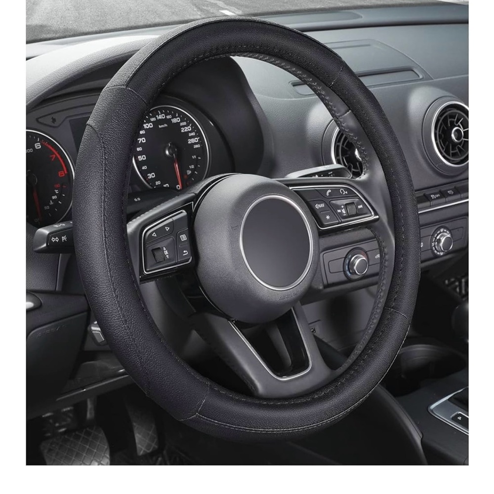 Black Leather Steering Wheel Cover